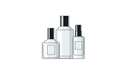 Three clear glass bottles with black caps and blank labels stand together on a white background.