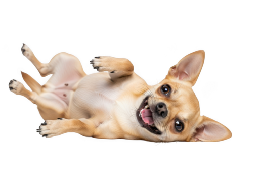 Adorable chihuahua puppy dog lying on back smiling with tongue out pet animal canine breed cute playful happy funny isolated on transparent background
