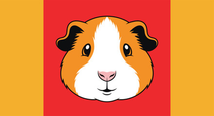 Cute cartoon guinea pig face with orange, white, and black fur on a red and yellow background.