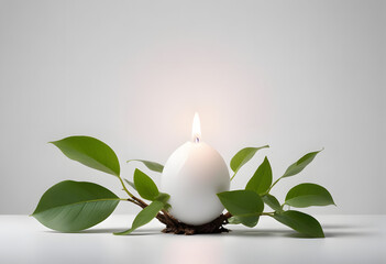 White Vase with Green Leaves and White Flowers on Gray Background
