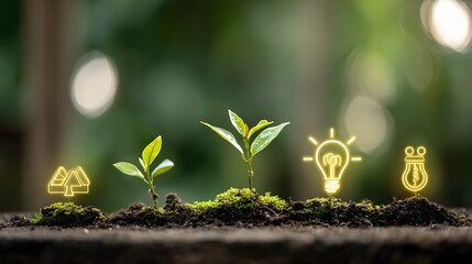 Sequential growth stages transition from ecological concepts to illuminated ideas emerging from dark soil