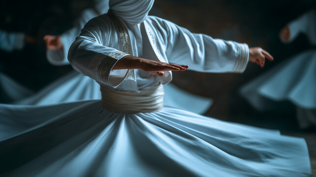 Whirling dervish performing in traditional white garments at Mevlana Festival mystical Sufi dance ceremony