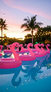 Pink flamingo floaties in a pool at dusk with string lights and palm trees reflecting in the water for party themes