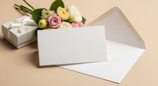 A white gift box, a bouquet of pastel roses, and a blank card in an open envelope - Powered by Adobe