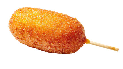 crispy corn dog on stick deep fried snack golden batter fast food meal fair treat isolated on white background