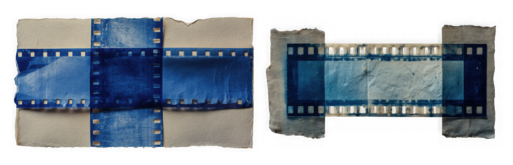 Two arrangements of blue film strips on textured paper, one horizontal and one vertical, isolated on transparent background
