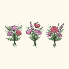 Sketch Crayon Style Flower Art Poster Collection, Hand Drawn Colorful Floral Elements in Ink, Charcoal, Pencil, or Chalk Style, Modern Simple Vector Illustration Set