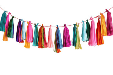 Vibrant colorful tassel garland decoration hanging on red string for party and celebration decor isolated on transparent background