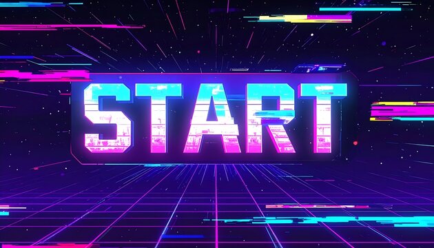 Retro-futuristic 'START' button; vibrant neon, glitch effects - Powered by Adobe