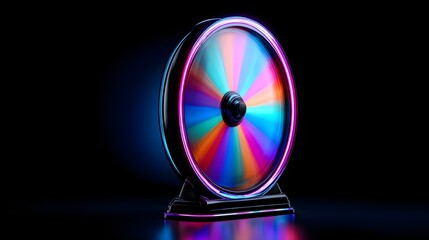 Spinning prize wheel illuminates with vibrant colors against a dark background