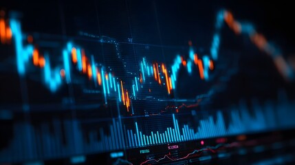 Glowing digital financial charts display market fluctuations with vibrant neon accents against a dark background