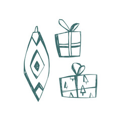 Hand drawn scandi christmas gifts and ornament in nordic folk minimal style for festive decor and winter design projects