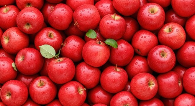 Close-up of numerous vibrant red apples with a few green leaves and water droplets