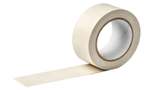 Roll of masking tape with torn edge, subtle adhesive texture, transparent background.