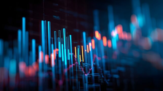 Digital financial data displays with glowing vertical bars illustrating market movement in a dark environment