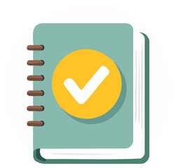 Teal spiral notebook with a successful checkmark icon for completed tasks or approved schedules