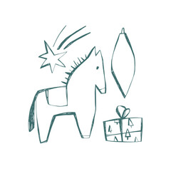 Scandi christmas horse with star ornament and gift in nordic folk minimal style for festive decor and holiday design