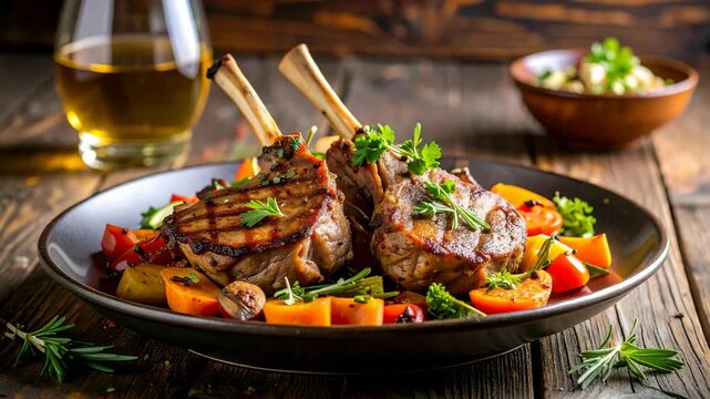 Two roasted lamb chops presented on a plate with vegetables like peppers, squash, and rosemary, and glass with light beverage.