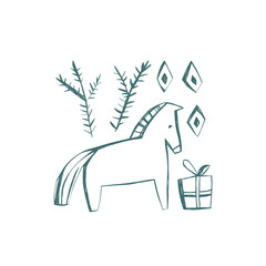 Hand drawn scandi christmas horse with tree branches and gift in nordic folk minimal style for cozy festive design projects