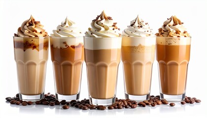 Five iced coffee glasses topped with whipped cream and cocoa, lined on white background.