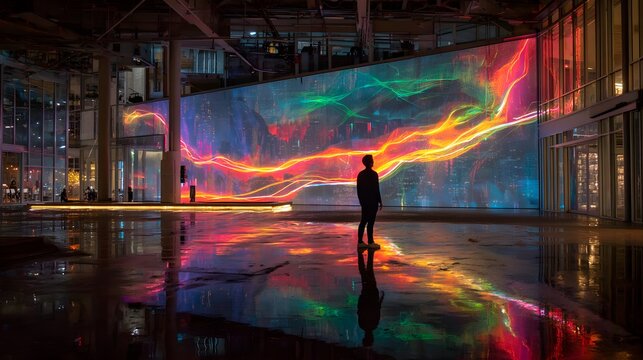 Individual stands before massive luminous digital display exhibiting vibrant light patterns - Powered by Adobe