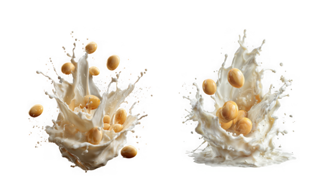 Two splashes of milk with soybeans, isolated on transparent background