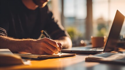 Person uses a fountain pen to write notes in a journal beside a computer near a window during golden hour