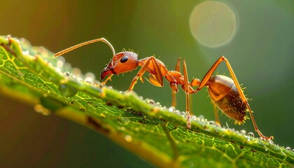Red ant on a dewy green leaf in sunlight