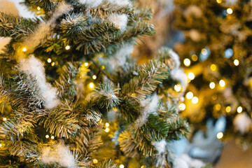 Christmas green tree leaf with bokeh of night light xmas season