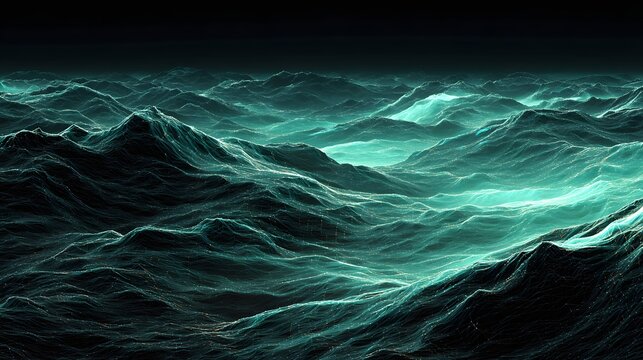 Turbulent ocean waves glow with an eerie cyan luminescence under a dark sky
