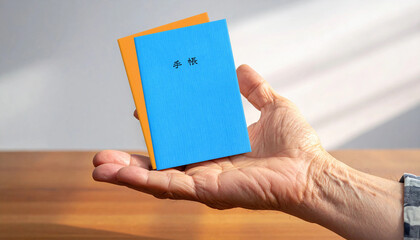 年配の手に持たれた年金手帳と温かな光のイメージ generative ai