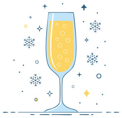 Festive champagne glass with bubbles, snowflakes, and festive decorations. Elegant celebrations.