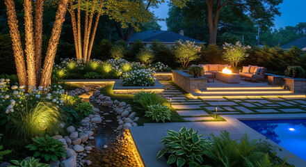 Beautiful landscape design of the backyard of a private house.