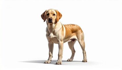 Spotted Labrador-like dog standing on white background.