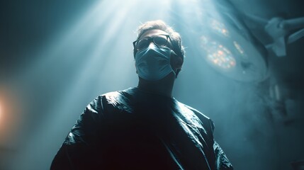 Medical professional wearing protective gear stands illuminated beneath bright operating room lights