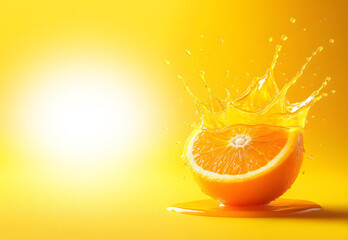 Oranhge fruit with splash on yellow background. a mockup for designers