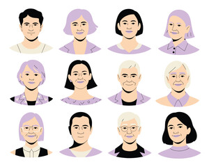 Vector illustration of diverse group of people portraits, men and women of various ages and ethnicities
