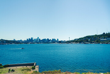 View southward across Lake Union towards the Seattle downtown area. Taken while walking in the Seattle urban area on a clear July day, specifically in the Gas Works Park.