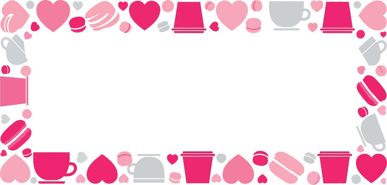 Pink hearts coffee cups and macarons frame design for valentine day editable stock