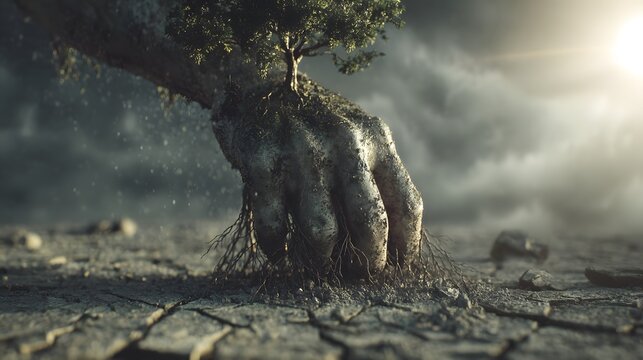 Large stone hand emerges from arid, cracked earth with a small tree growing from its surface