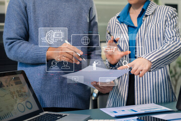 Digital transformation technology strategy, Person using laptop, tablet and smartphone with of things. transformation of ideas and the adoption.