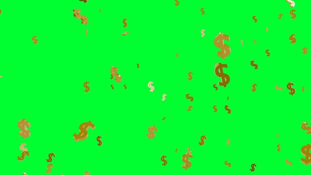 3D Golden dollar falling on green background. Full HD. 4K