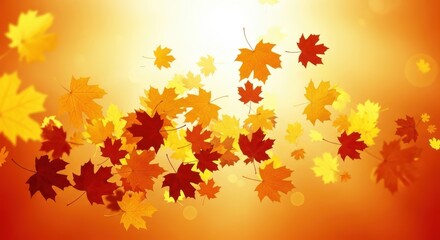 A vibrant and warm abstract background with a cascade of falling autumn maple leaves in shades of orange, yellow, and red, creating a festive and seasonal atmosphere