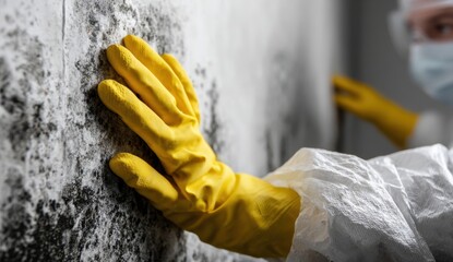 A person wearing protective gear touches a mold-covered wall, highlighting the importance of safety measures.