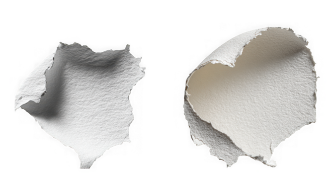 Two torn pieces of textured paper with shadow effect isolated on a transparent background