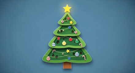 Festive Christmas tree illustration with ornaments and stars, perfect for holiday cards, invitations, and seasonal marketing materials featuring a joyful spirit
