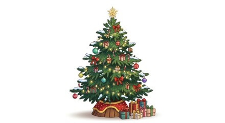 Festive Christmas tree adorned with ornaments, lights, and a shining star, surrounded by beautifully wrapped presents for a joyful holiday season