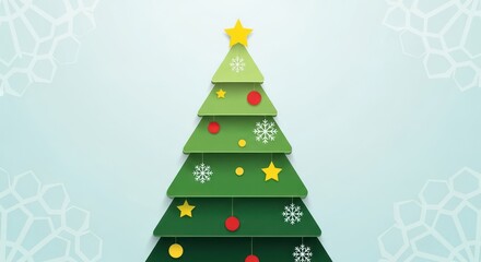 Modern Christmas tree with red and yellow ornaments for joyful holiday season greeting cards, festive banners, and winter celebration designs