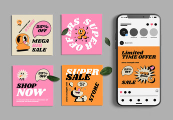 Cartoon Style Fashion Sale Post Template Set