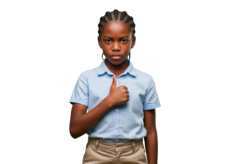 African american schoolgirl giving thumbs up gesture, positive feedback, approval, success, agreement isolated on transparent background